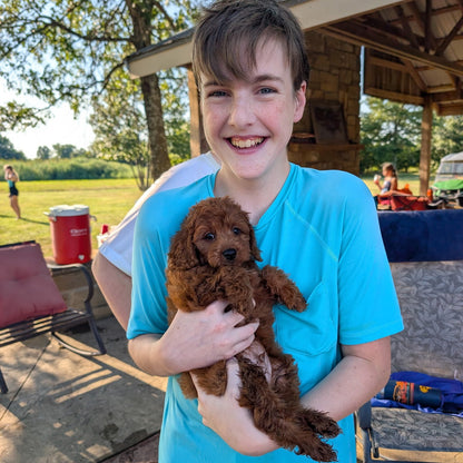 A smiling person in a bright turquoise T-shirt holds a small curly-haired brown puppy outdoors on a patio, with a covered porch, trees, and lawn visible in the background.