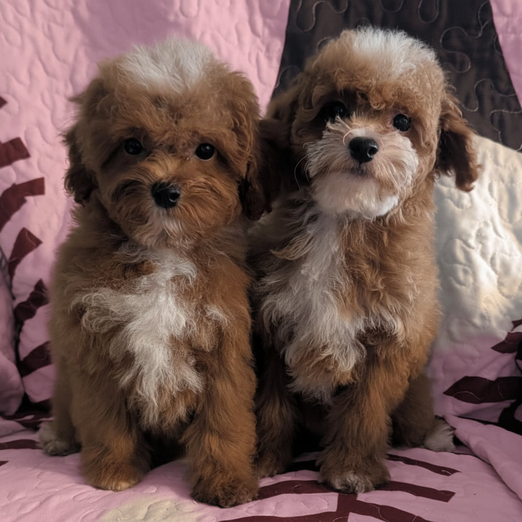 Two fluffy brown and white puppy dogs sitting side by side on a quilted blanket with a baseball theme.