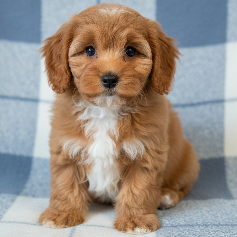 A small fluffy tan and white dog sitting on a wooden floor in front of a brown upholstered chair.