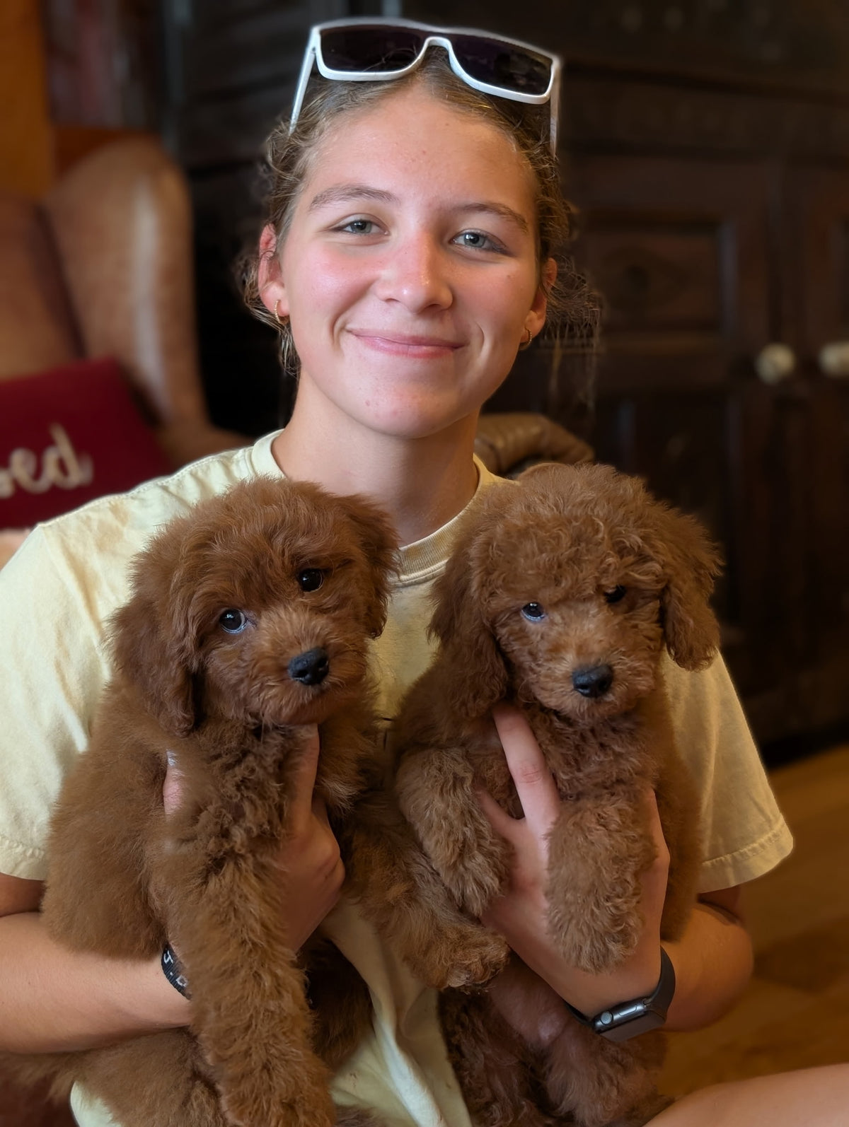 A smiling woman holding two fluffy brown puppies in her arms, wearing a pale yellow t-shirt and white-framed sunglasses on her head, with a warm indoor home background.