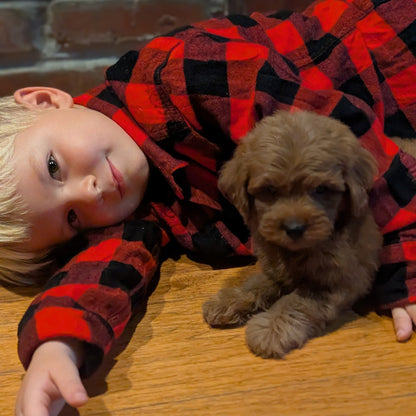 A young child wearing a red and black buffalo plaid flannel shirt lies on a wooden floor next to a small brown puppy.